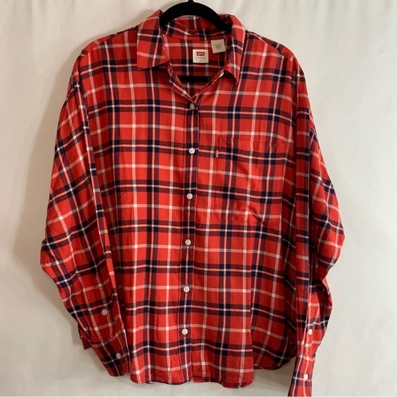 Levi's Tops - Levi’s Red and Navy Plaid Button-Up Shirt Relaxed Fit, Size L